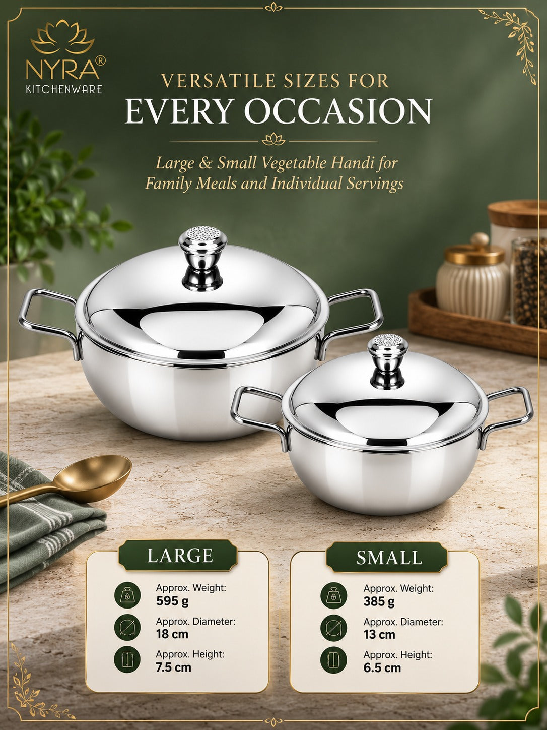 Stainless Steel Heavy Gauge Serving Vegetable Handi with Lid (Set of 2) | Food Grade Mirror Finish Curry Bowls for Dal, Sabzi, Rice & Biryani | Kitchen Serving Bowl Set |