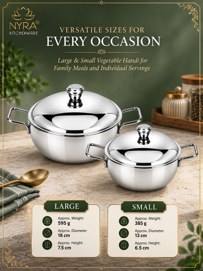 Stainless Steel Heavy Gauge Serving Vegetable Handi with Lid (Set of 2) | Food Grade Mirror Finish Curry Bowls for Dal, Sabzi, Rice & Biryani | Kitchen Serving Bowl Set |