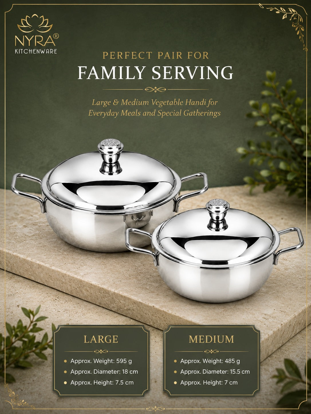 Stainless Steel Heavy Gauge Serving Vegetable Handi with Lid (Set of 2) | Food Grade Mirror Finish Curry Bowls for Dal, Sabzi, Rice & Biryani | Kitchen Serving Bowl Set |