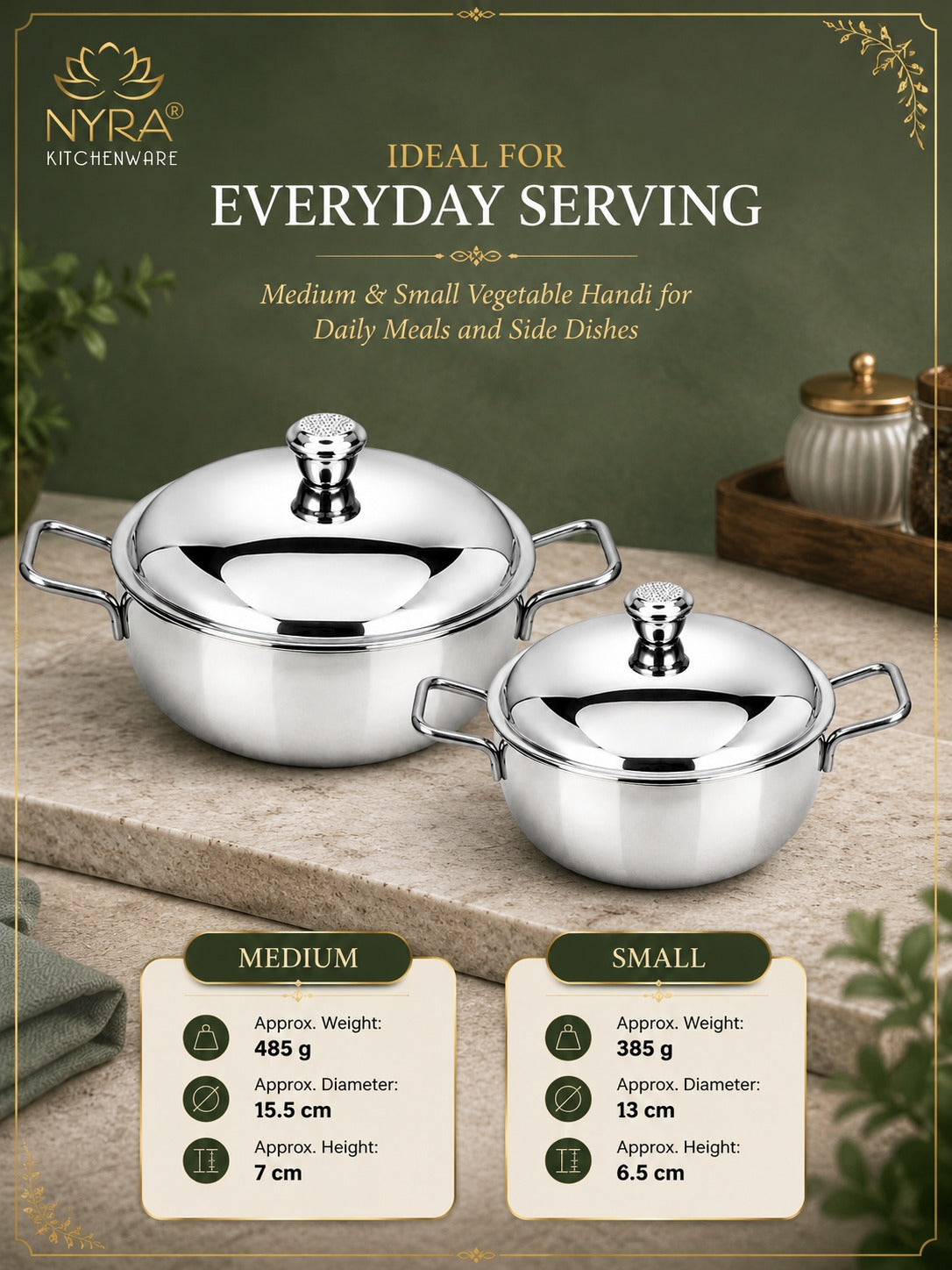 Stainless Steel Heavy Gauge Serving Vegetable Handi with Lid (Set of 2) | Food Grade Mirror Finish Curry Bowls for Dal, Sabzi, Rice & Biryani | Kitchen Serving Bowl Set |