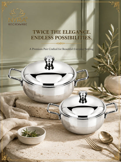 Stainless Steel Heavy Gauge Serving Vegetable Handi with Lid (Set of 2) | Food Grade Mirror Finish Curry Bowls for Dal, Sabzi, Rice & Biryani | Kitchen Serving Bowl Set |