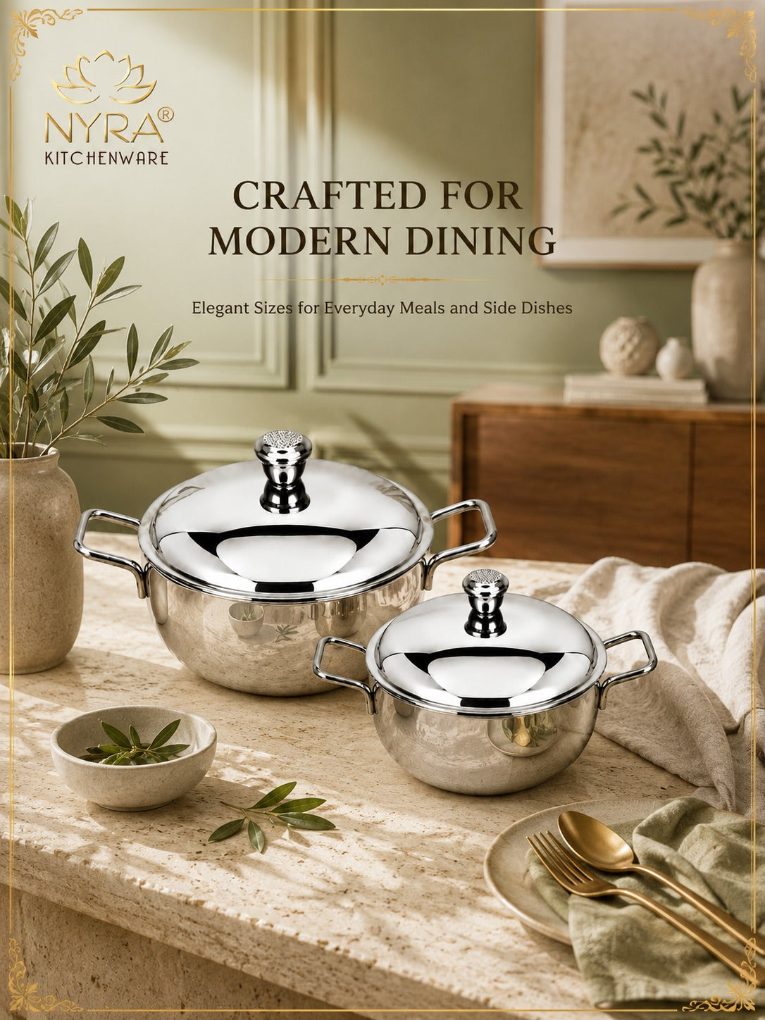Stainless Steel Heavy Gauge Serving Vegetable Handi with Lid (Set of 2) | Food Grade Mirror Finish Curry Bowls for Dal, Sabzi, Rice & Biryani | Kitchen Serving Bowl Set |