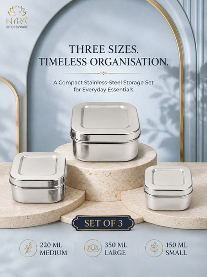 Stainless Steel Square Shaped Storage Box/Dibbi – Set of 3 Pcs