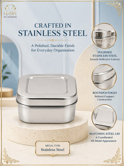Stainless Steel Square Shaped Storage Box/Dibbi – Set of 3 Pcs