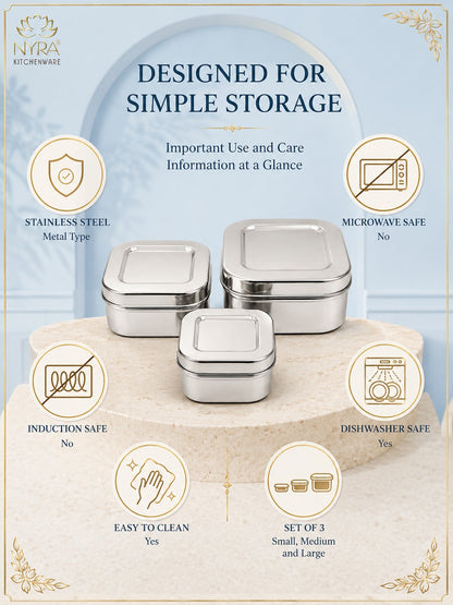Stainless Steel Square Shaped Storage Box/Dibbi – Set of 3 Pcs