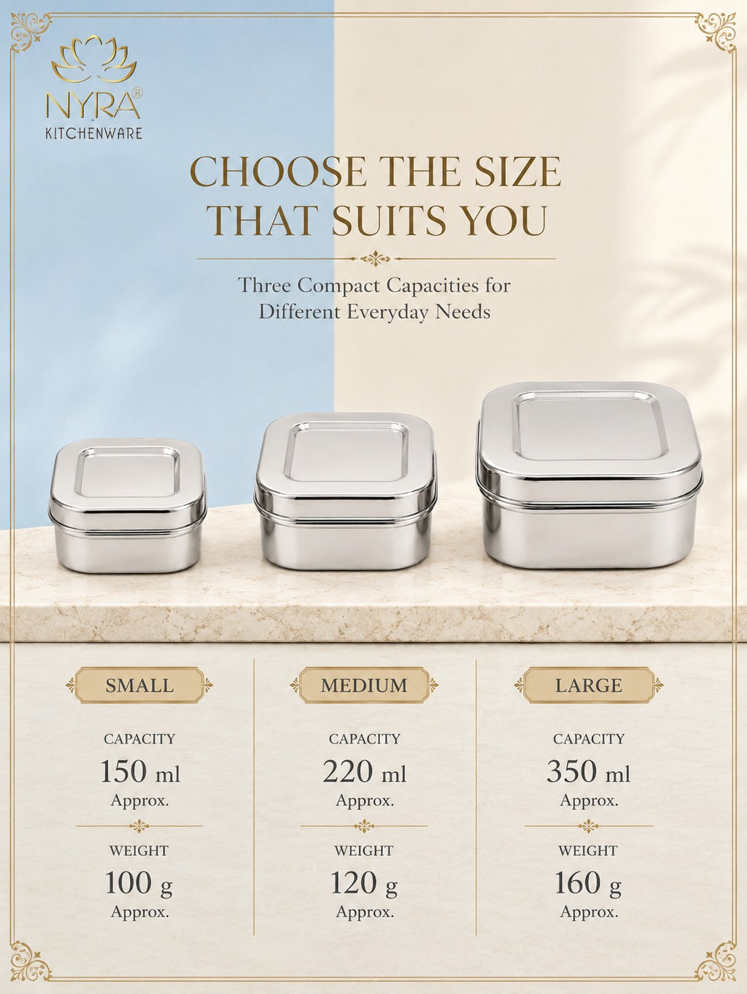 Stainless Steel Square Shaped Storage Box/Dibbi – Set of 3 Pcs