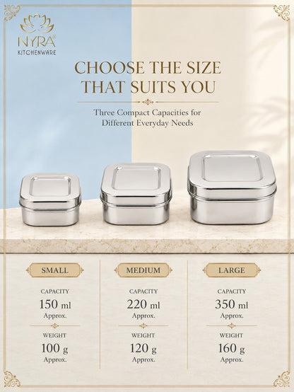 Stainless Steel Square Shaped Storage Box/Dibbi – Set of 3 Pcs