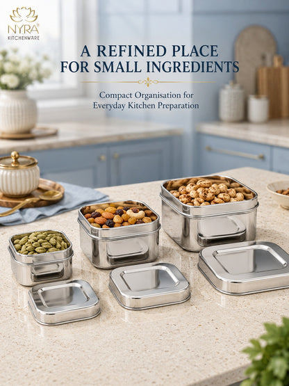 Stainless Steel Square Shaped Storage Box/Dibbi – Set of 3 Pcs