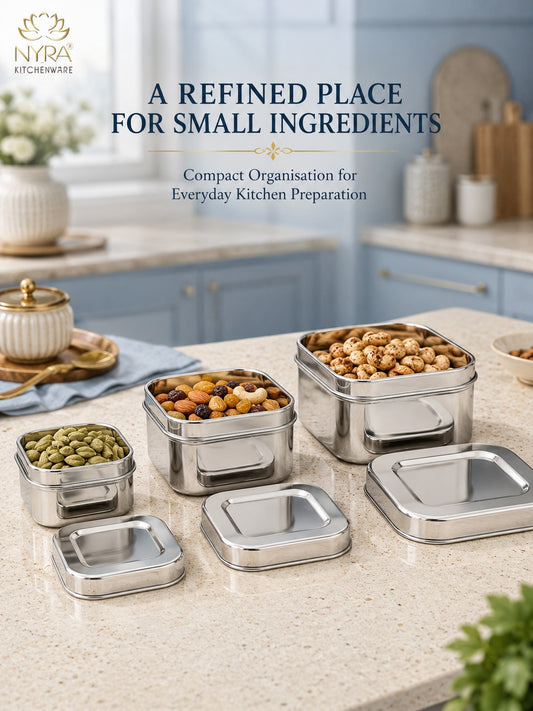 Stainless Steel Square Shaped Storage Box/Dibbi – Set of 3 Pcs