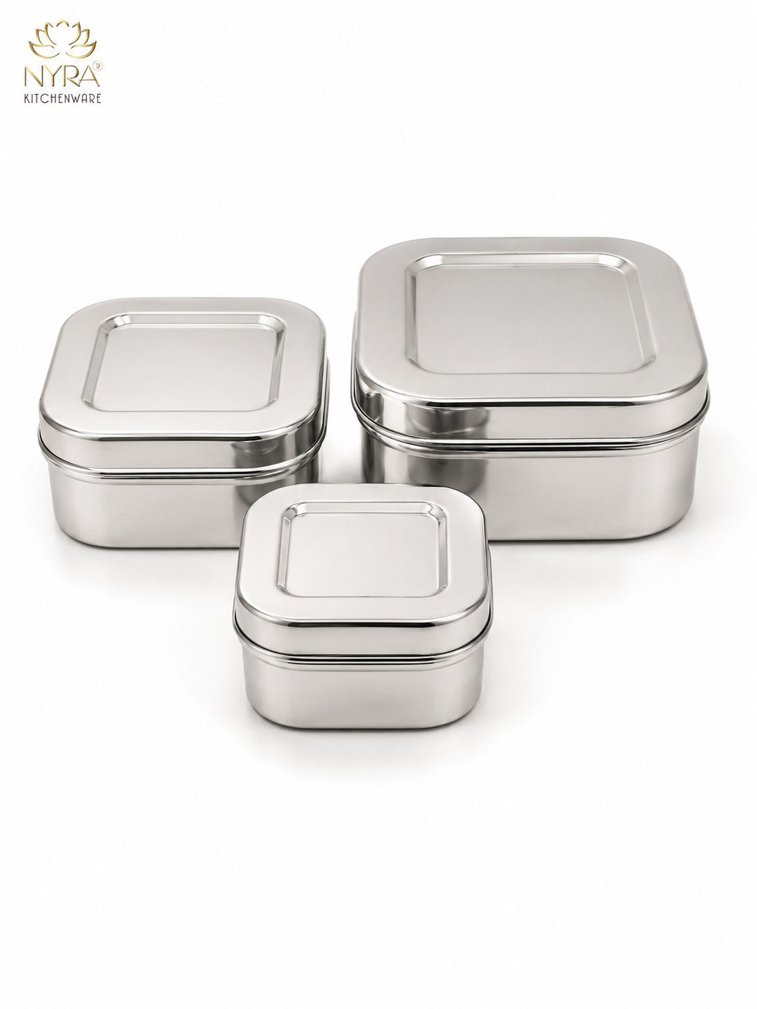Stainless Steel Square Shaped Storage Box/Dibbi – Set of 3 Pcs