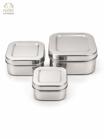 Stainless Steel Square Shaped Storage Box/Dibbi – Set of 3 Pcs