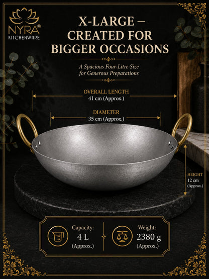 Royale Iron Kadhai/Wok with Sturdy Handle | Deep Bottom Loha Kadai- 4 Sizes