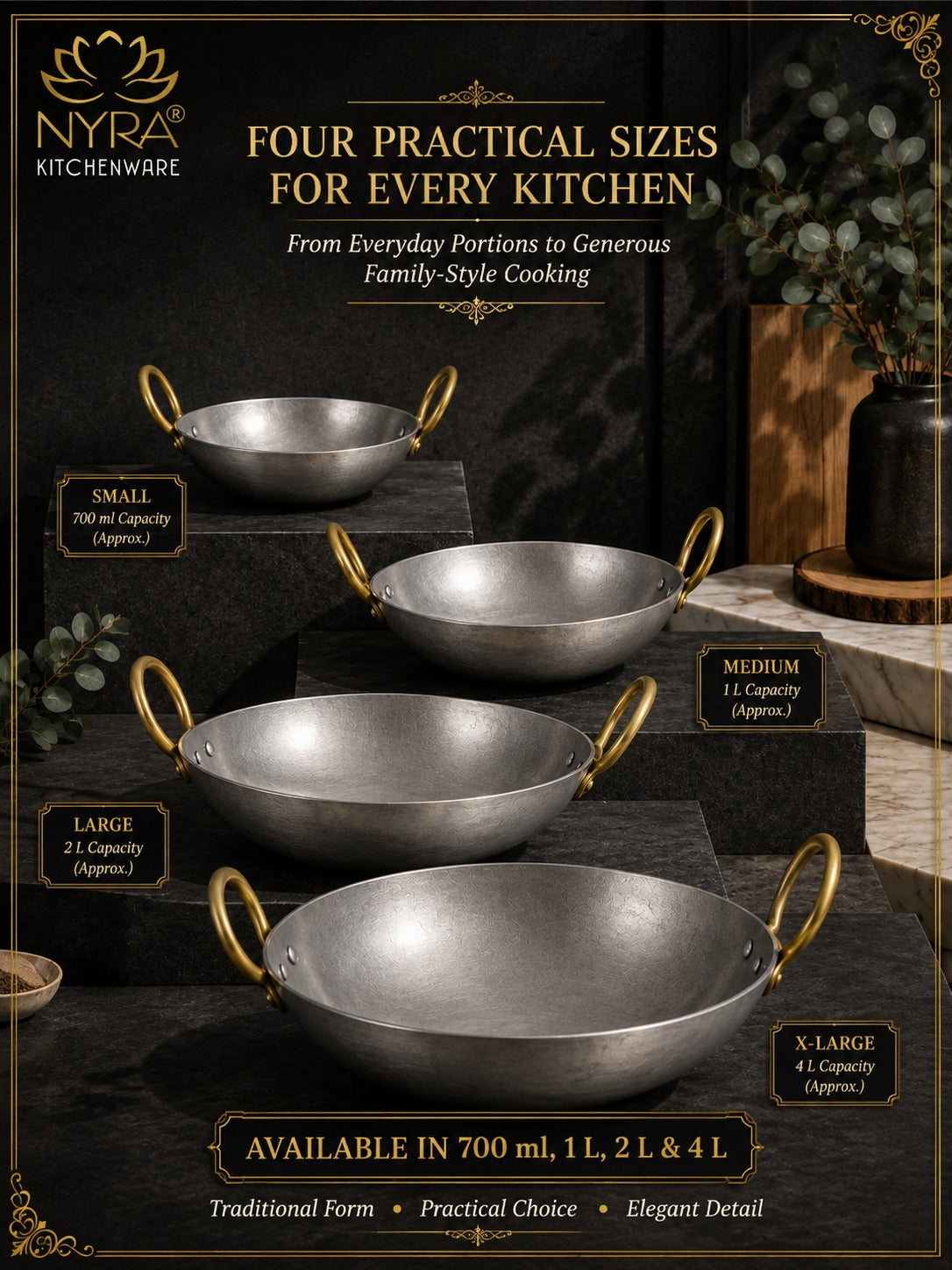 Royale Iron Kadhai/Wok with Sturdy Handle | Deep Bottom Loha Kadai- 4 Sizes