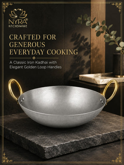 Royale Iron Kadhai/Wok with Sturdy Handle | Deep Bottom Loha Kadai- 4 Sizes