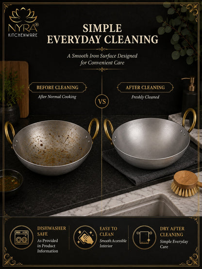 Royale Iron Kadhai/Wok with Sturdy Handle | Deep Bottom Loha Kadai- 4 Sizes