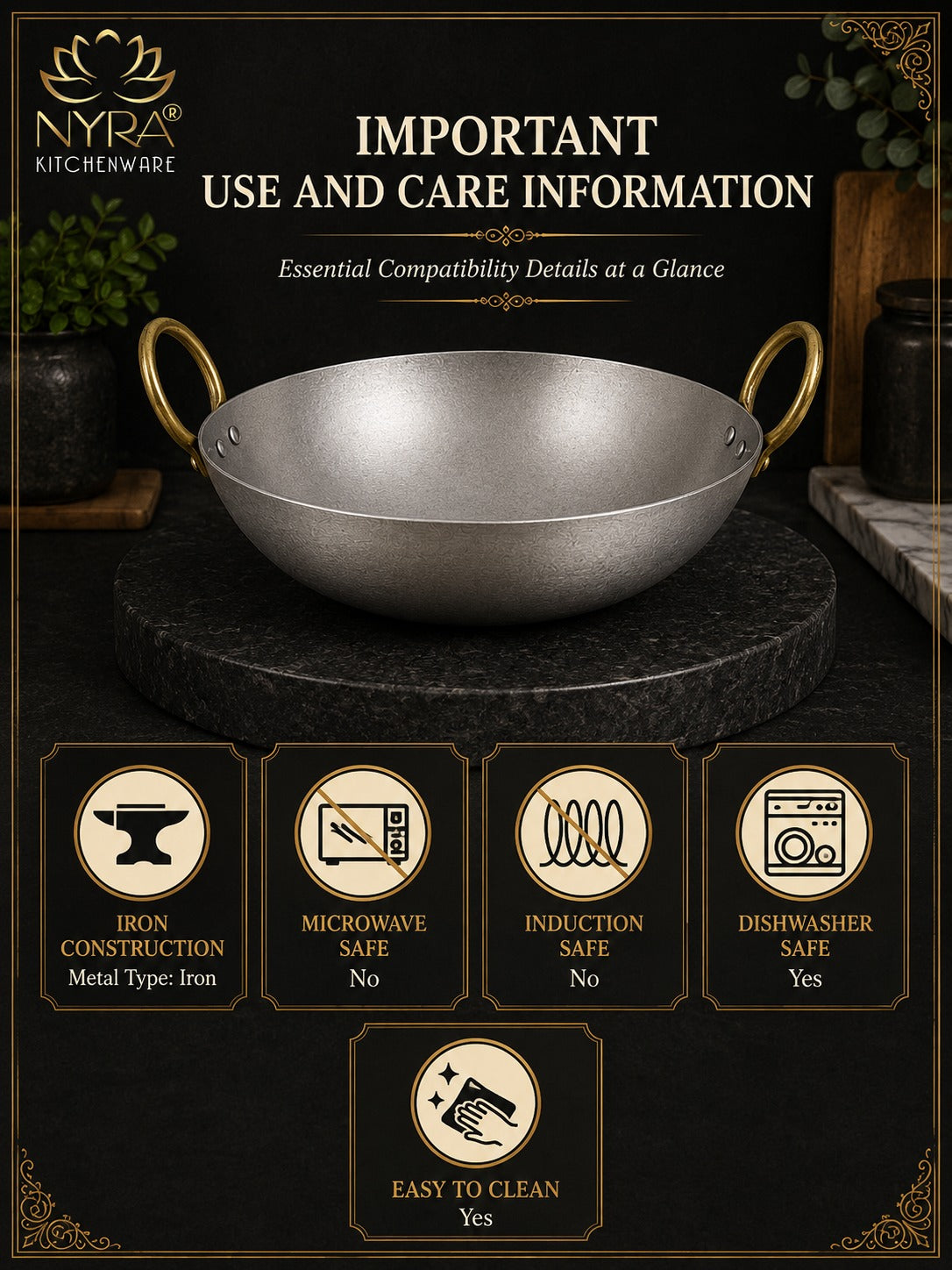 Royale Iron Kadhai/Wok with Sturdy Handle | Deep Bottom Loha Kadai- 4 Sizes