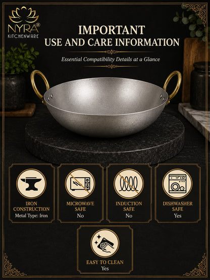 Royale Iron Kadhai/Wok with Sturdy Handle | Deep Bottom Loha Kadai- 4 Sizes