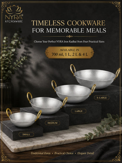 Royale Iron Kadhai/Wok with Sturdy Handle | Deep Bottom Loha Kadai- 4 Sizes