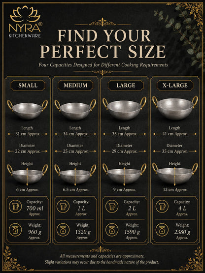 Royale Iron Kadhai/Wok with Sturdy Handle | Deep Bottom Loha Kadai- 4 Sizes