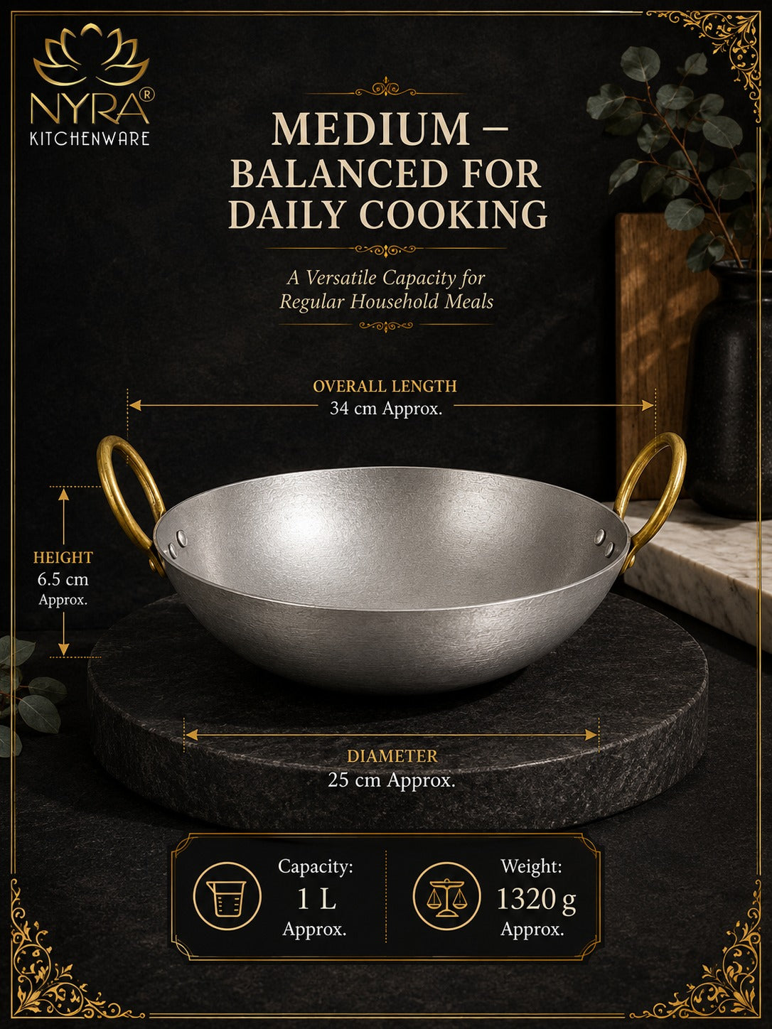 Royale Iron Kadhai/Wok with Sturdy Handle | Deep Bottom Loha Kadai- 4 Sizes