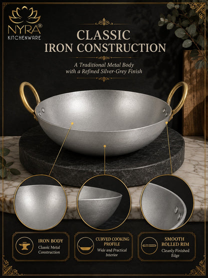 Royale Iron Kadhai/Wok with Sturdy Handle | Deep Bottom Loha Kadai- 4 Sizes