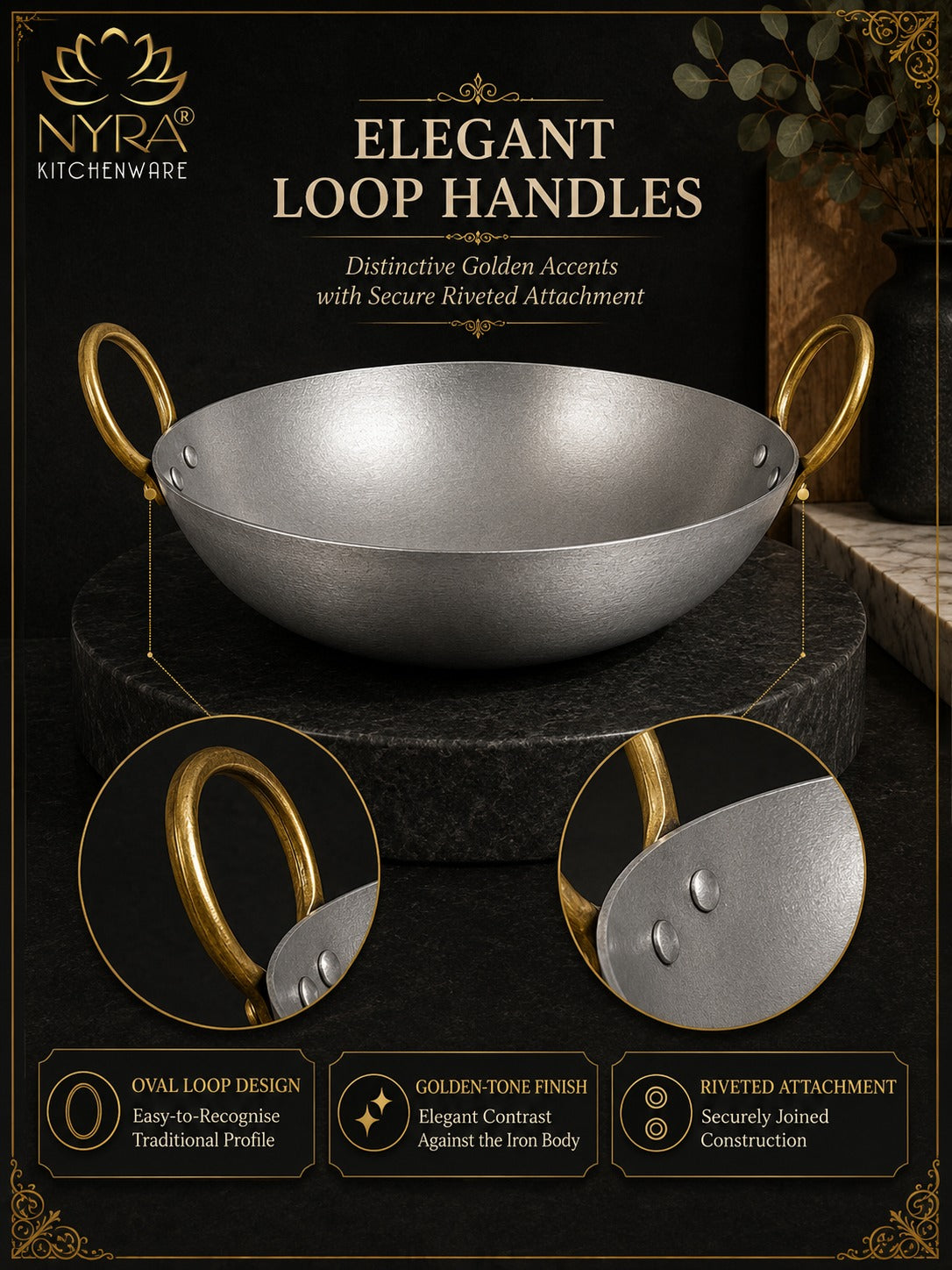 Royale Iron Kadhai/Wok with Sturdy Handle | Deep Bottom Loha Kadai- 4 Sizes