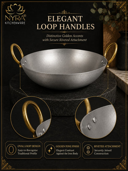 Royale Iron Kadhai/Wok with Sturdy Handle | Deep Bottom Loha Kadai- 4 Sizes