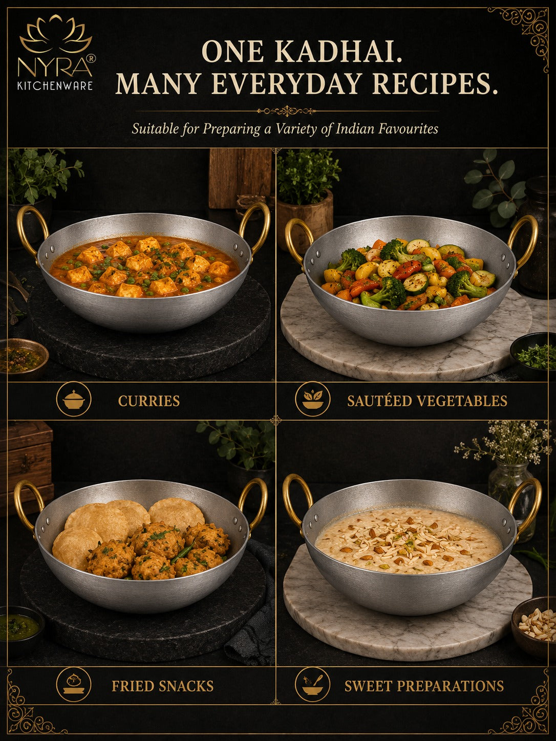 Royale Iron Kadhai/Wok with Sturdy Handle | Deep Bottom Loha Kadai- 4 Sizes
