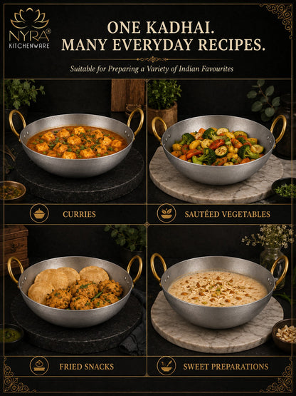 Royale Iron Kadhai/Wok with Sturdy Handle | Deep Bottom Loha Kadai- 4 Sizes