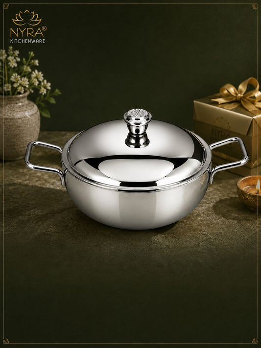 Stainless Steel Heavy Gauge Serving Vegetable Handi with Lid | Food Grade Mirror Finish - Kitchen Serving Bowl | Available in 650 ml, 1 L & 1.5 L