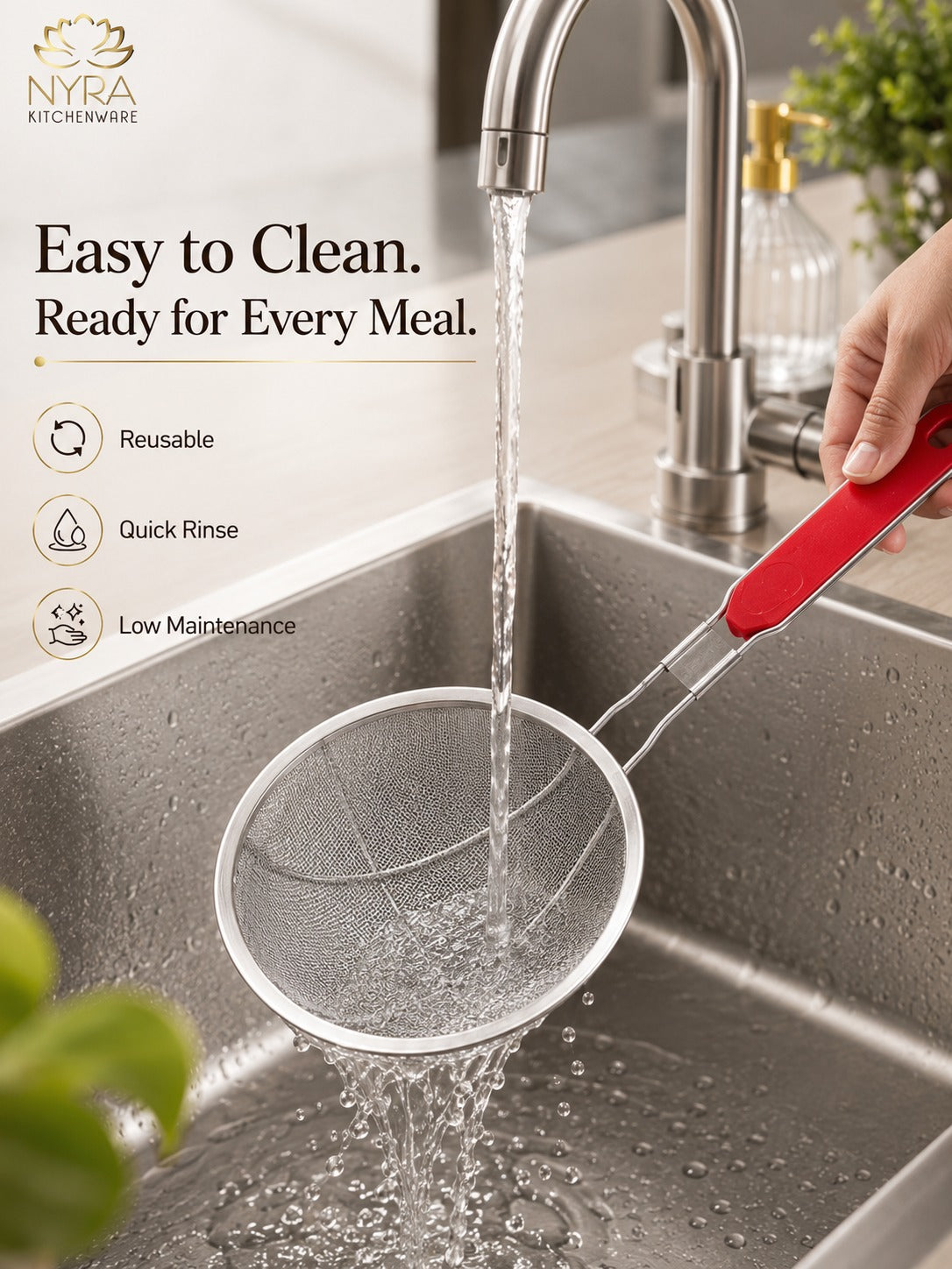 Stainless Steel Deep Fry Set with U-Shape Wooden Handle Jhara/Mesh/Wire/Skimmer/Puri Strainer for Kitchen