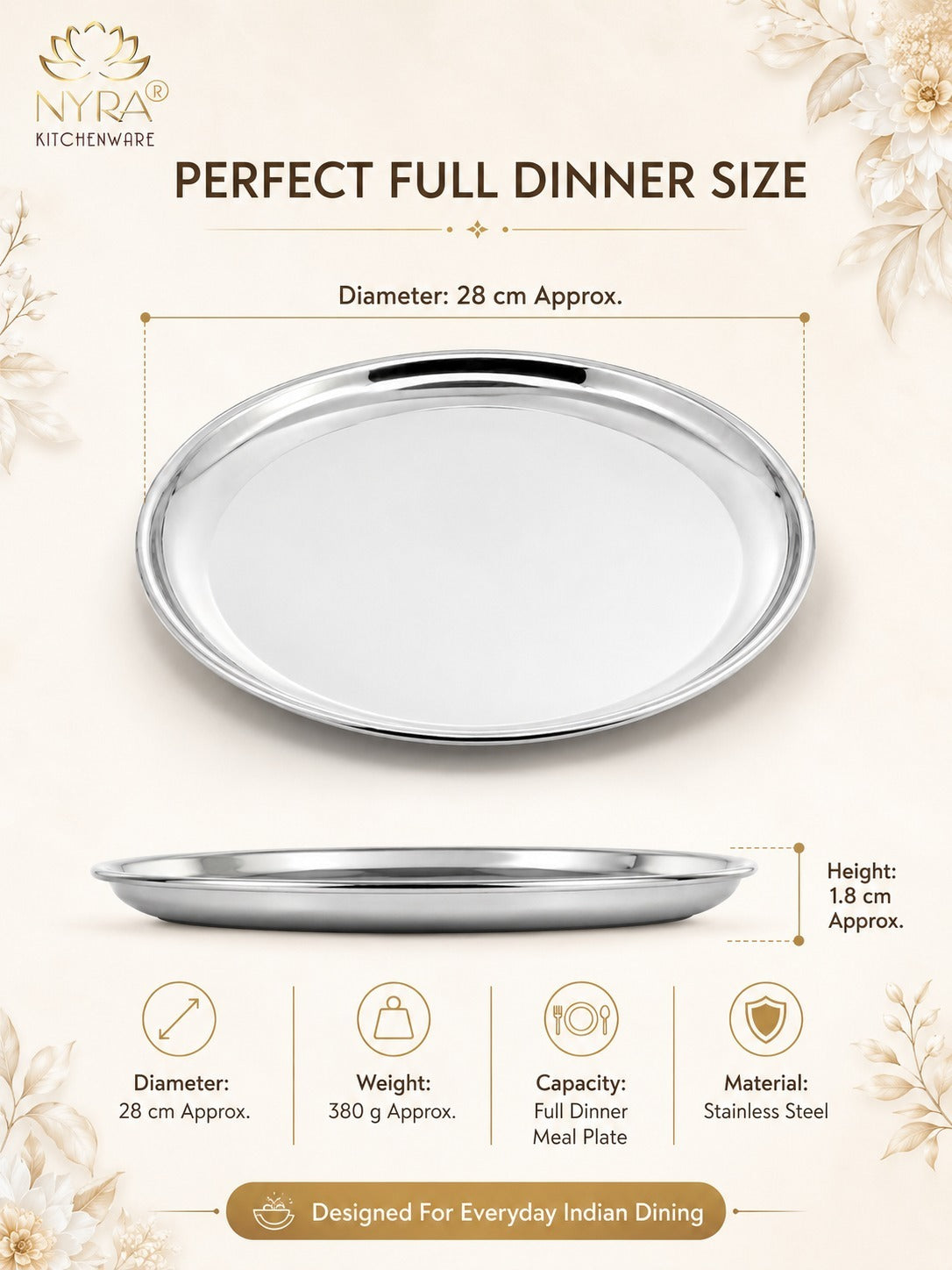 Stainless Steel Plates Set - Heavy Gauge Steel Lunch/Dinner Plates