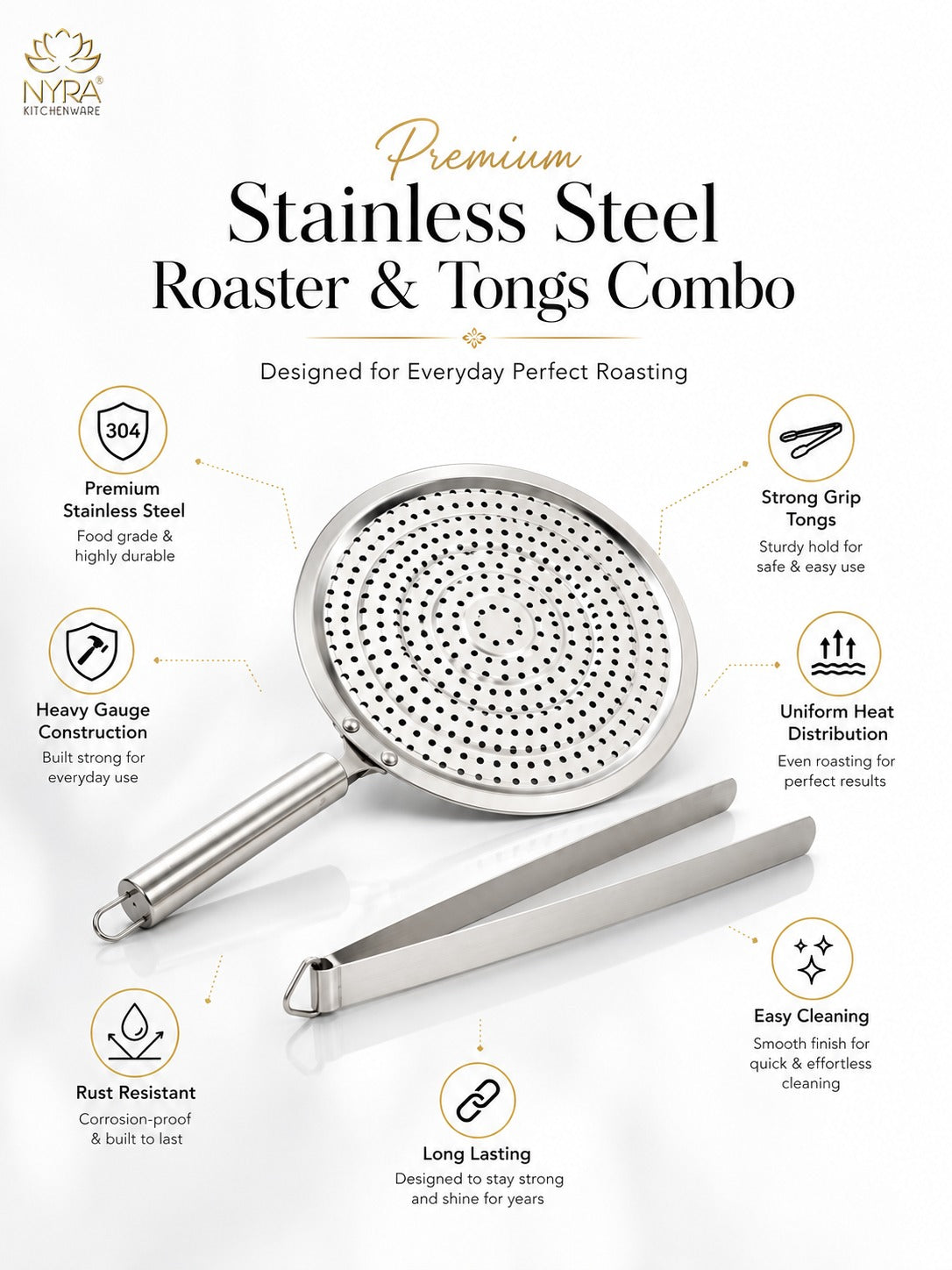 Stainless Steel Roaster and Steel Tong Combo - Kitchen Essential