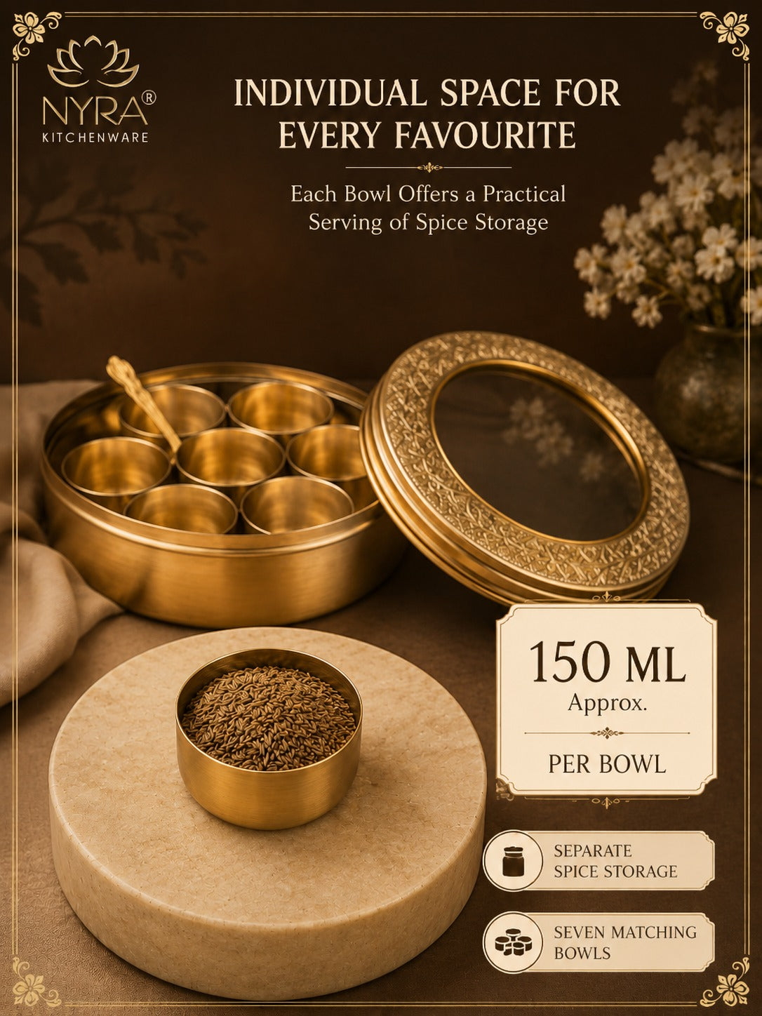 Brass Spice Box with see-through lid | Eco-Friendly & Handcrafted Masala Dabba with 7 Compartments - Traditional Kitchen Essential
