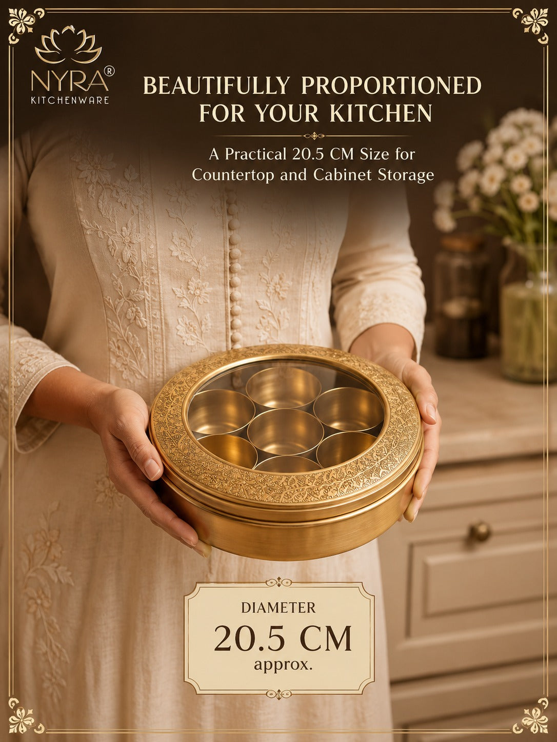 Brass Spice Box with see-through lid | Eco-Friendly & Handcrafted Masala Dabba with 7 Compartments - Traditional Kitchen Essential