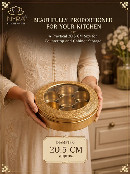 Brass Spice Box with see-through lid | Eco-Friendly & Handcrafted Masala Dabba with 7 Compartments - Traditional Kitchen Essential