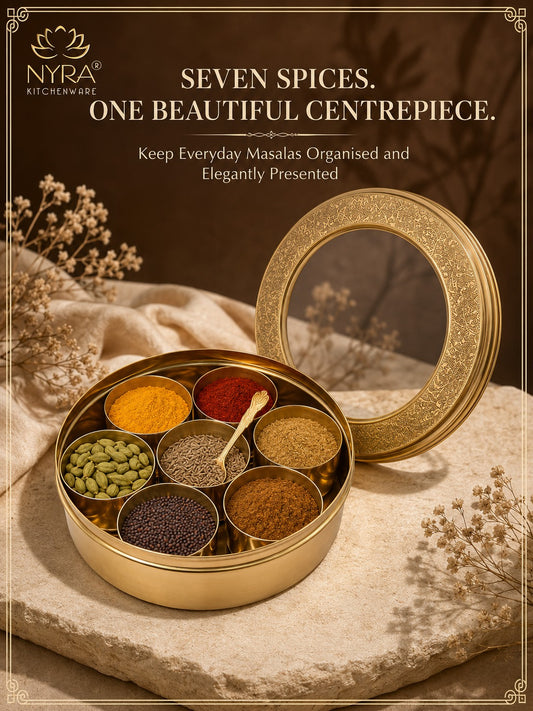 Brass Spice Box with see-through lid | Eco-Friendly & Handcrafted Masala Dabba with 7 Compartments - Traditional Kitchen Essential