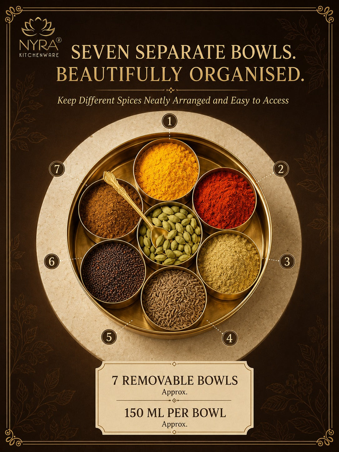 Brass Spice Box with see-through lid | Eco-Friendly & Handcrafted Masala Dabba with 7 Compartments - Traditional Kitchen Essential