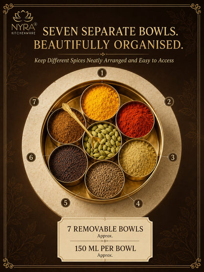 Brass Spice Box with see-through lid | Eco-Friendly & Handcrafted Masala Dabba with 7 Compartments - Traditional Kitchen Essential