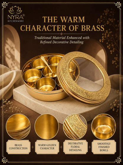 Brass Spice Box with see-through lid | Eco-Friendly & Handcrafted Masala Dabba with 7 Compartments - Traditional Kitchen Essential