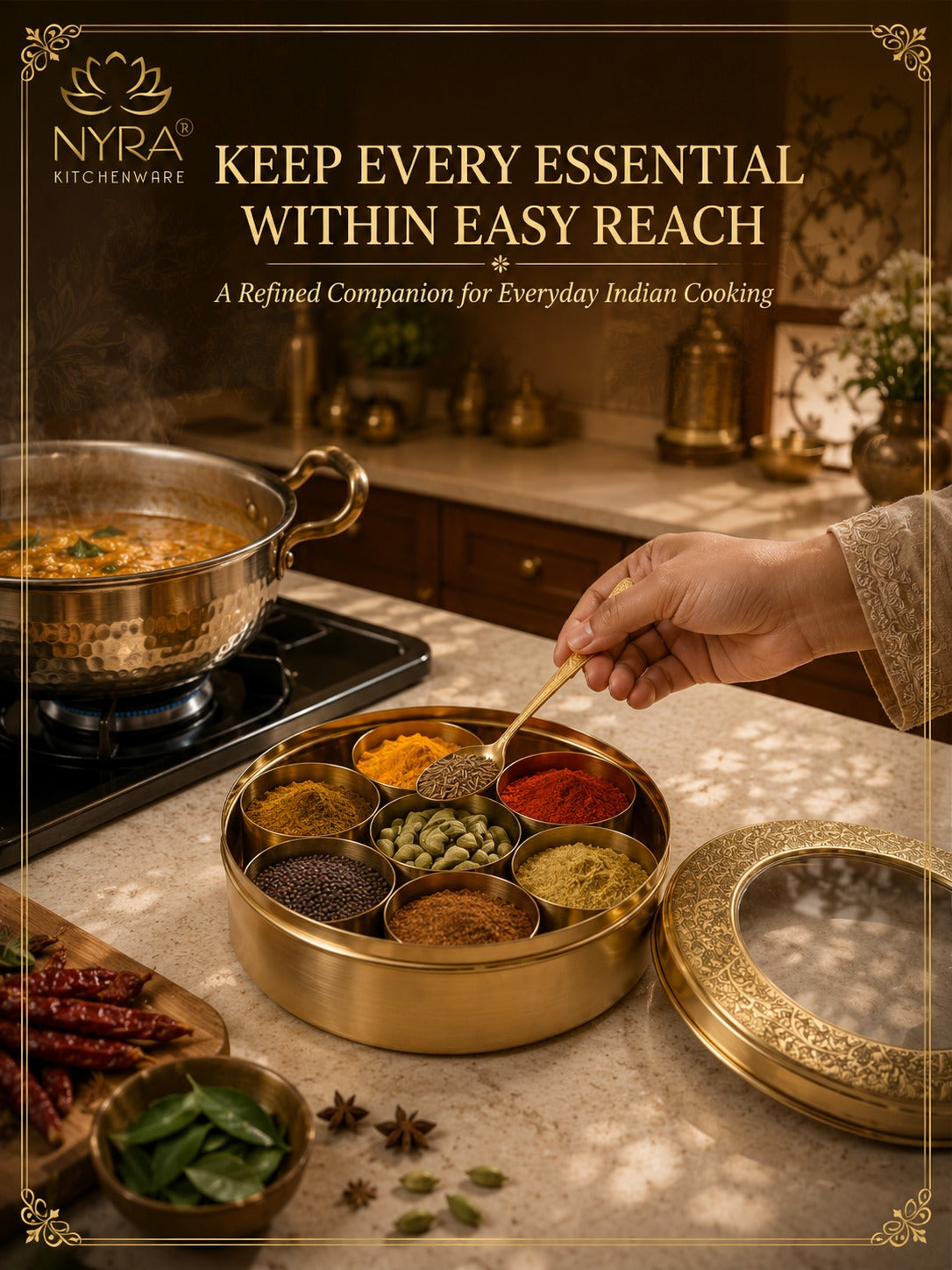 Brass Spice Box with see-through lid | Eco-Friendly & Handcrafted Masala Dabba with 7 Compartments - Traditional Kitchen Essential