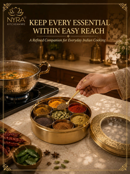 Brass Spice Box with see-through lid | Eco-Friendly & Handcrafted Masala Dabba with 7 Compartments - Traditional Kitchen Essential