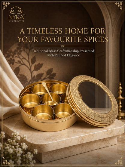 Brass Spice Box with see-through lid | Eco-Friendly & Handcrafted Masala Dabba with 7 Compartments - Traditional Kitchen Essential