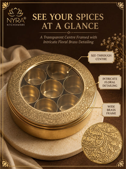 Brass Spice Box with see-through lid | Eco-Friendly & Handcrafted Masala Dabba with 7 Compartments - Traditional Kitchen Essential