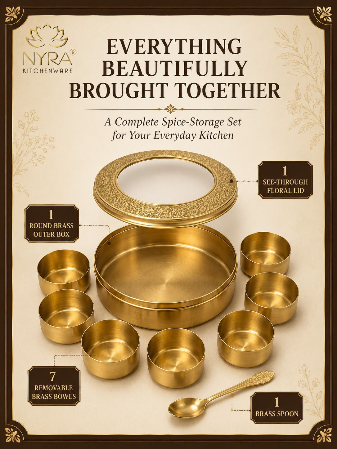 Brass Spice Box with see-through lid | Eco-Friendly & Handcrafted Masala Dabba with 7 Compartments - Traditional Kitchen Essential
