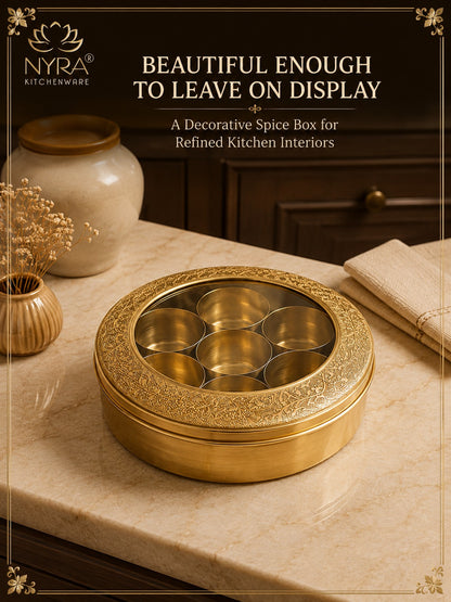 Brass Spice Box with see-through lid | Eco-Friendly & Handcrafted Masala Dabba with 7 Compartments - Traditional Kitchen Essential