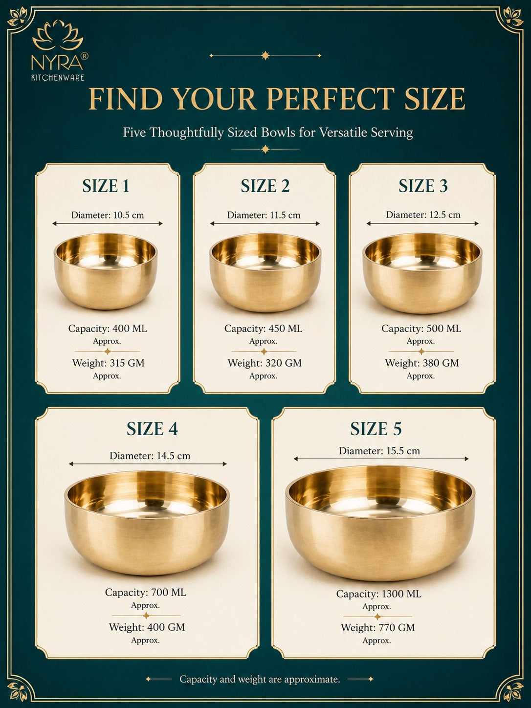 Pure Bronze Kansa Bowls | Handcrafted Serving Set in 5 Sizes