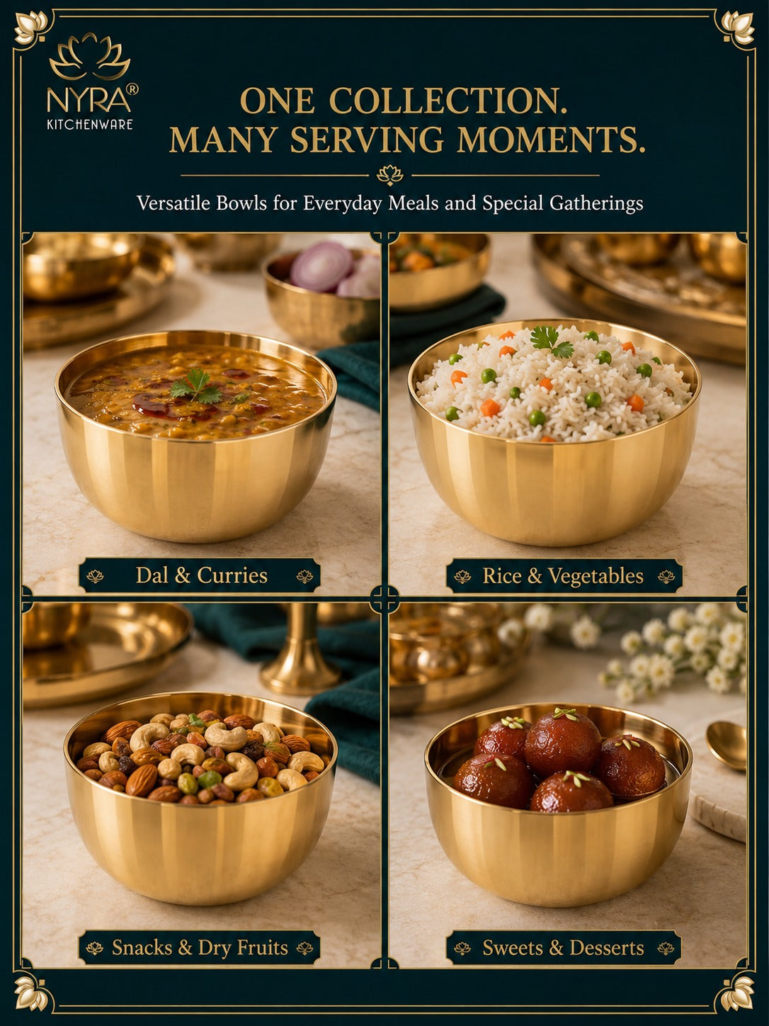 Pure Bronze Kansa Bowls | Handcrafted Serving Set in 5 Sizes