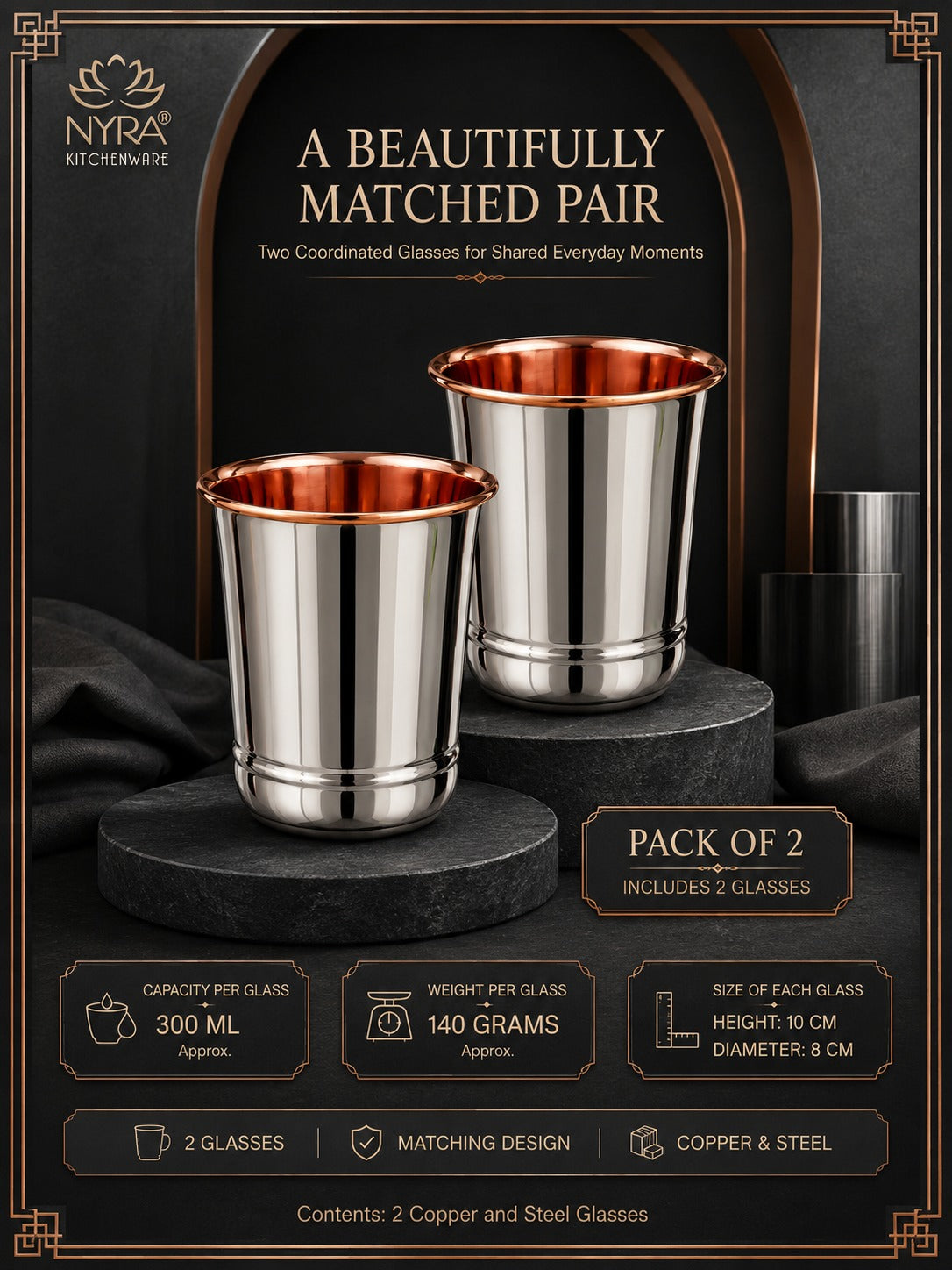 Premium Stainless Steel Tumbler - Inner Copper Coating | Laser Designed Exterior | BPA Free