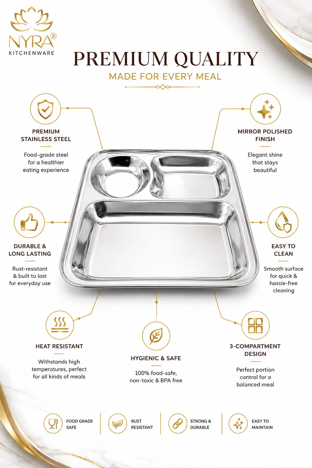 Stainless Steel 3-Compartment Dinner Plate - Ideal for Snacks & Thali Meals